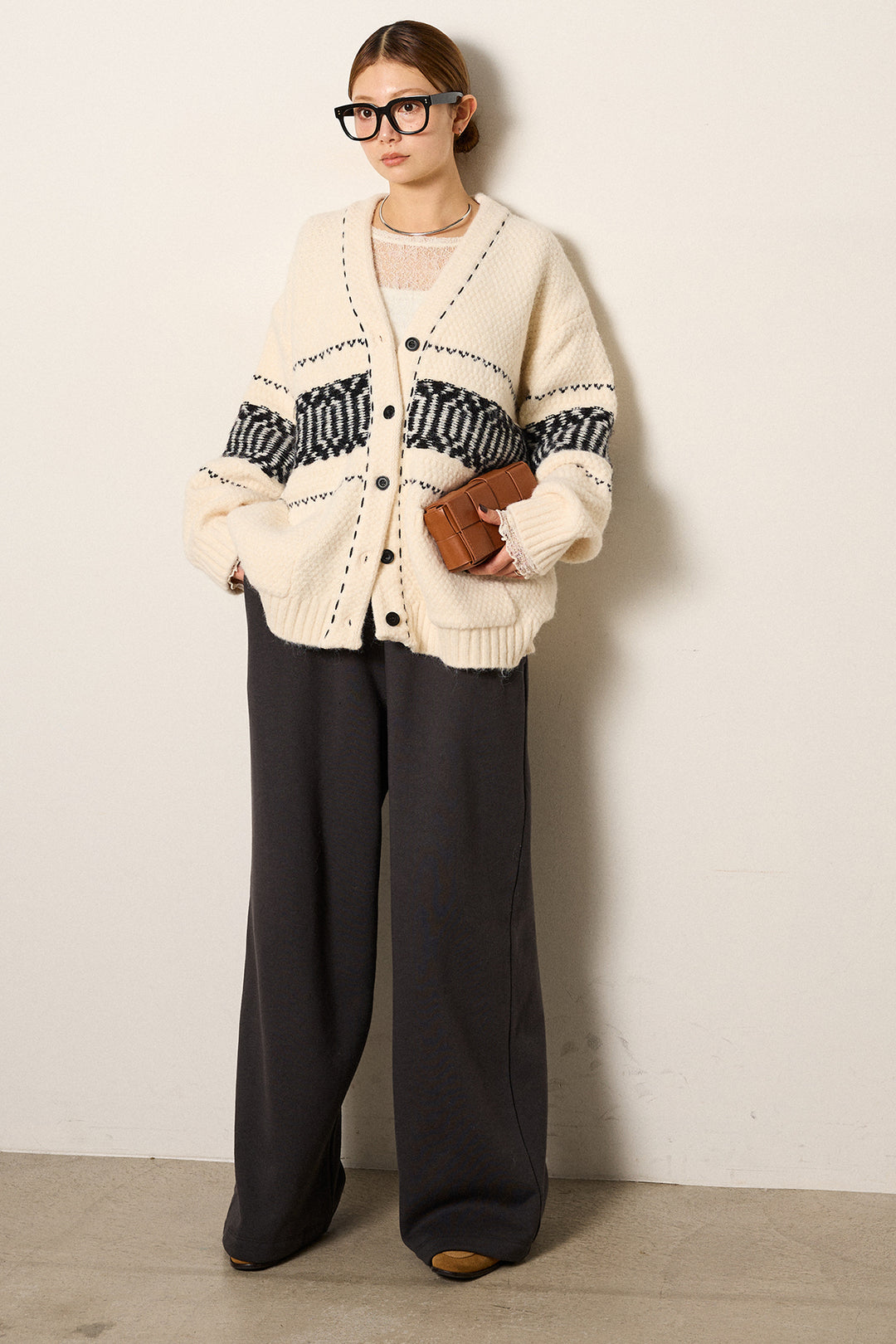 [SET]ライン柄ステッチニットカーディガン+2WAY袖コード刺繍クルーネックプルオーバー(2set)
