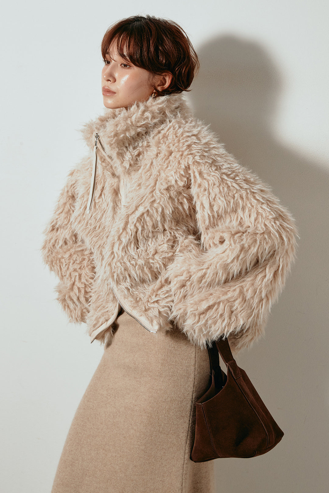 [SET]ミックスシープファースタンドブルゾン+ノースリーブニットロングワンピース(2set)