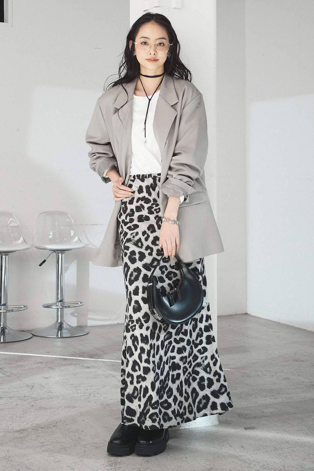 [SET]ルーズシルエットダブルテーラードジャケット+レオパードサテンナロースカート(2set)