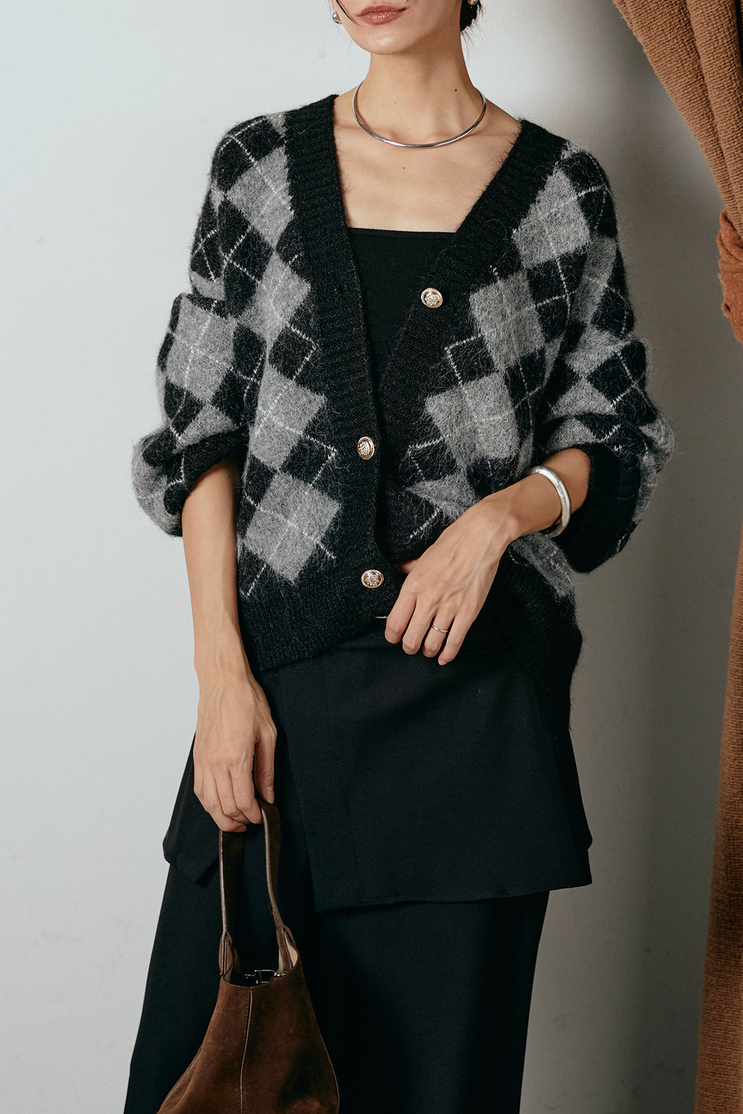 [SET]オーバーサイズ総柄Vネックニットカーディガン+ベルト付きウエストデザインパンツ(2set)