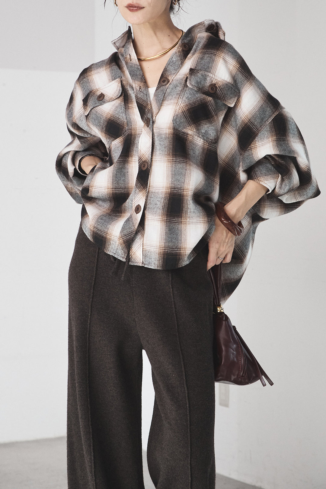 [SET]オンブレーチェックビッグシルエットCPOシャツ+センターラインニットパンツ(2set)