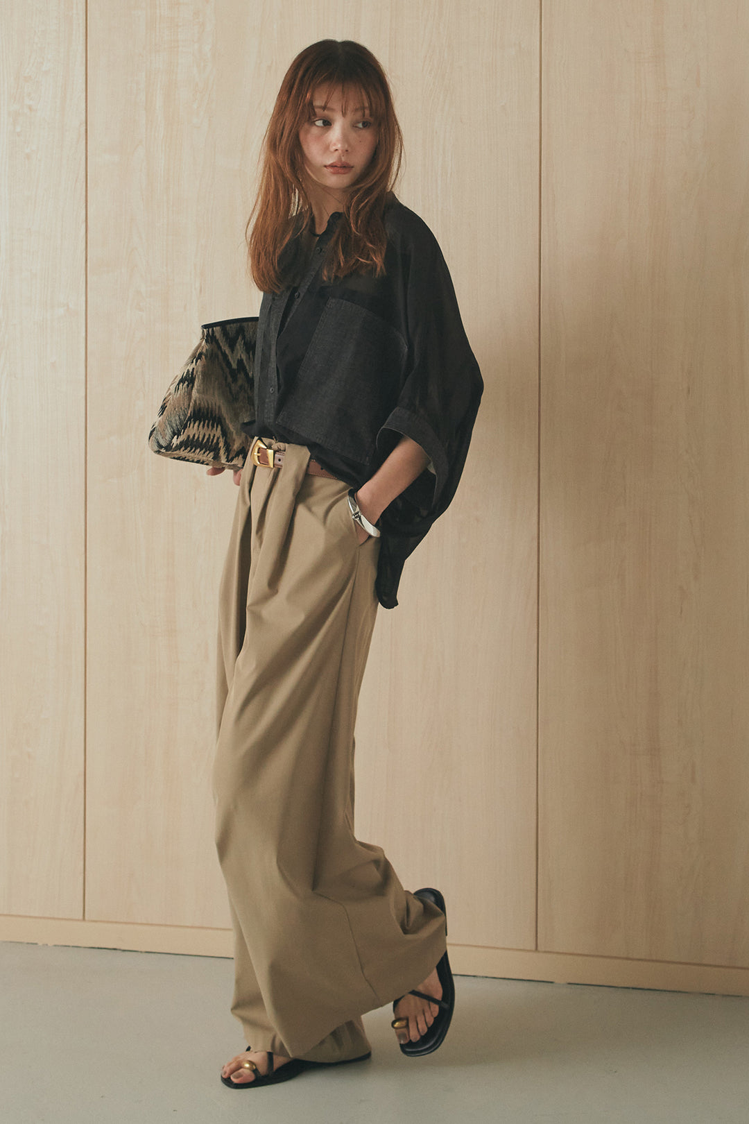 [SET]デニムライクビッグツーポケシアーシャツ+ベルトループデザインハイウエストタックパンツ(2set)