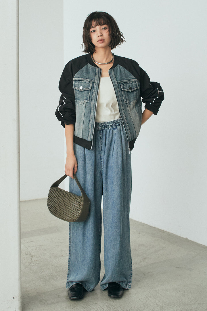 [SET]ナイロンデニムドッキングブルゾン+テンセルデニムイージーワイドパンツ(2set)