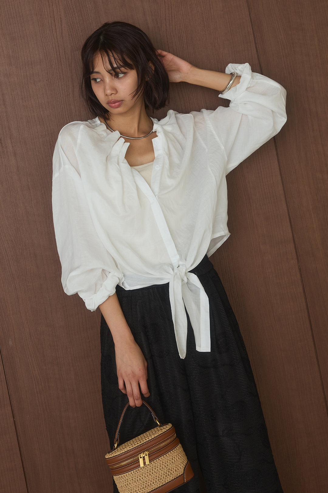 [SET]ギャザーネックブラウス+レースタックストレートワイドパンツ(2set)