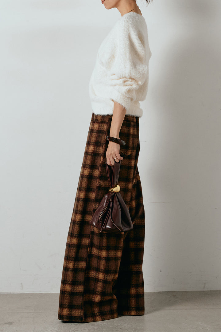 [SET]シャギーカシュクールニットトップス+ルーズタータンチェックワイドパンツ(2set)
