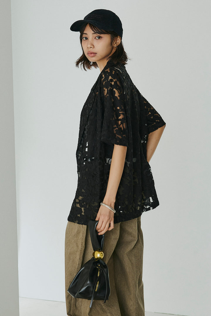 [SET]シアージャガードハーフスリーブテーラードジャケット+サイドベルトカーブワイドパンツ(2set)