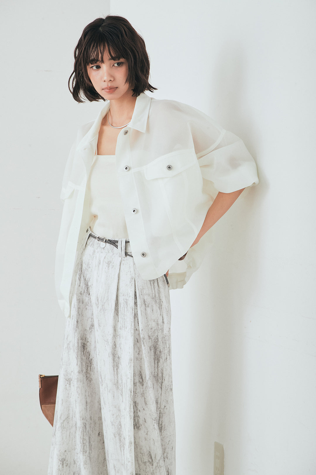 [SET]シアーダンボールサイドドロストジャケット+紐ベルト付きかすれ柄ワイドスラックス(2set)