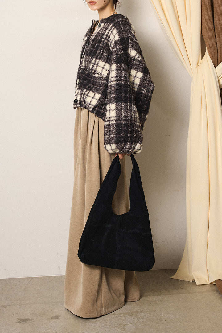 [SET]ノーカラーチェック柄ボアブルゾン+ベルトループコーデュロイワイドパンツ(2set)