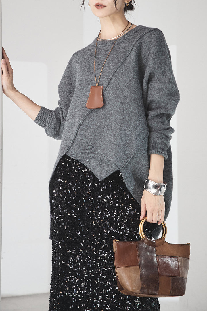 [SET]アシンメトリーデザインニットトップス+スパンコールニットワイドスカート(2set)