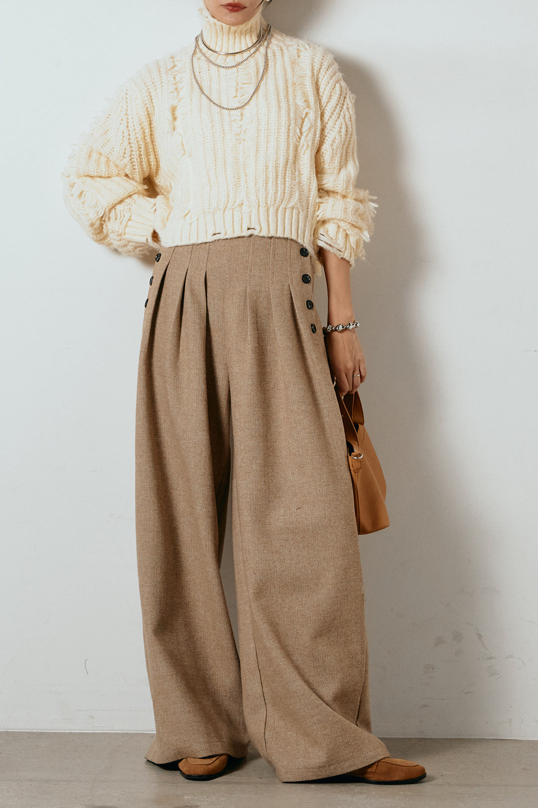 [SET]フリンジタートルショートニット+サイドボタンツイードタックパンツ(2set)