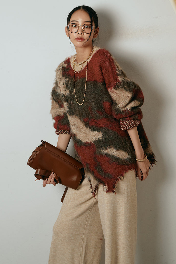 [SET]起毛裾デザインニュアンス柄ニットトップス+センターラインニットパンツ(2set)