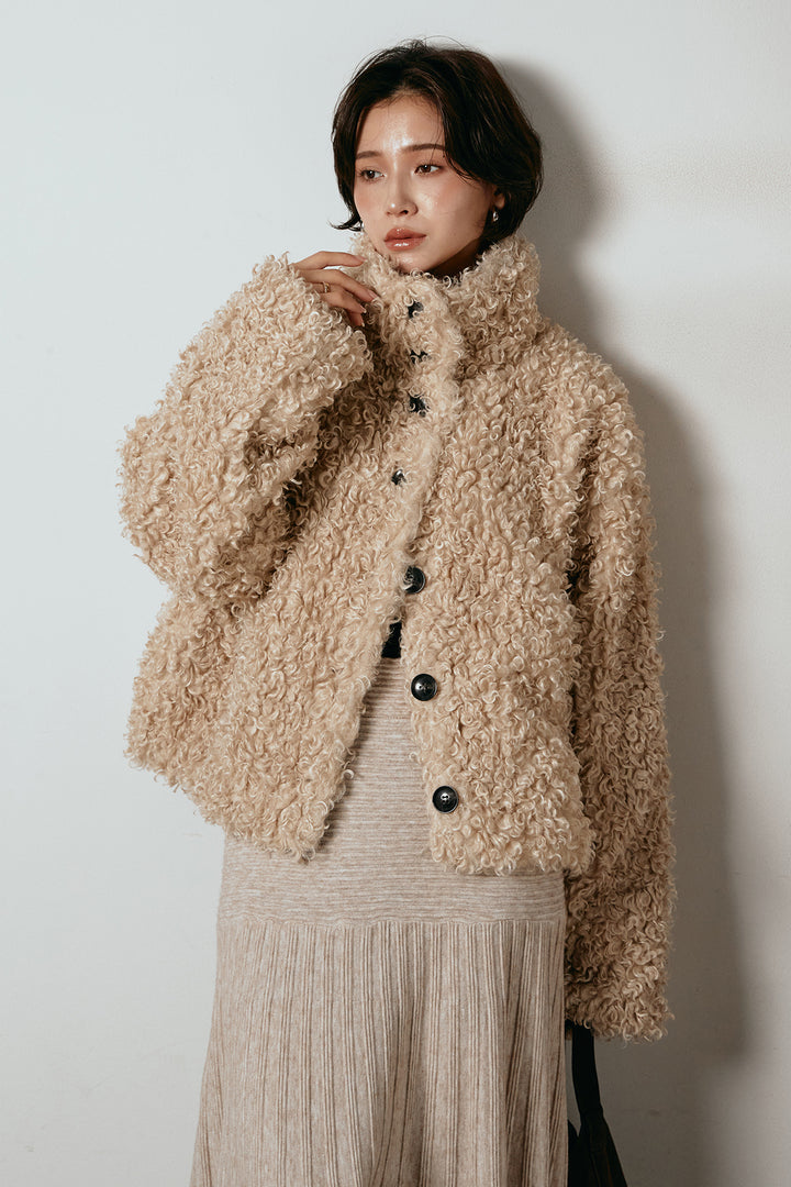 [SET]プードルファーミドルジャケット+編み地切り替えフレアニットスカート(2set)