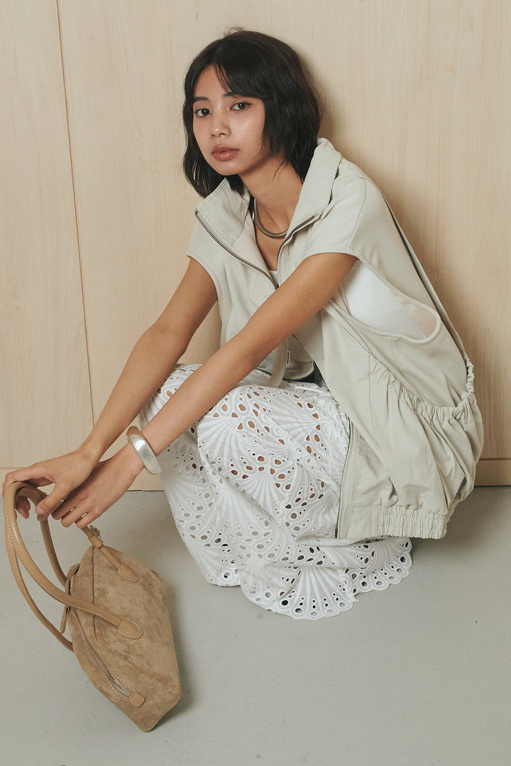 [SET]ショルダー切替スタンドネックジップベスト+レース刺繍リラックスパンツ(2set)