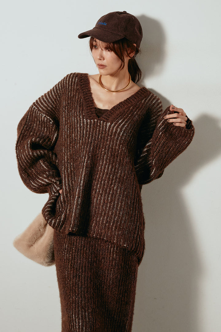 [SET]アルパカタッチ深Vニットトップス+アルパカタッチニットタイトスカート(2set)