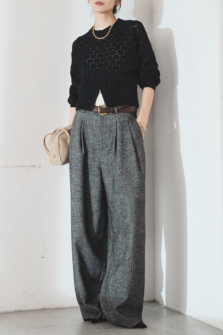 [SET]透かし編みニットジップスリットプルオーバー+タックツイードワイドパンツ(2set)