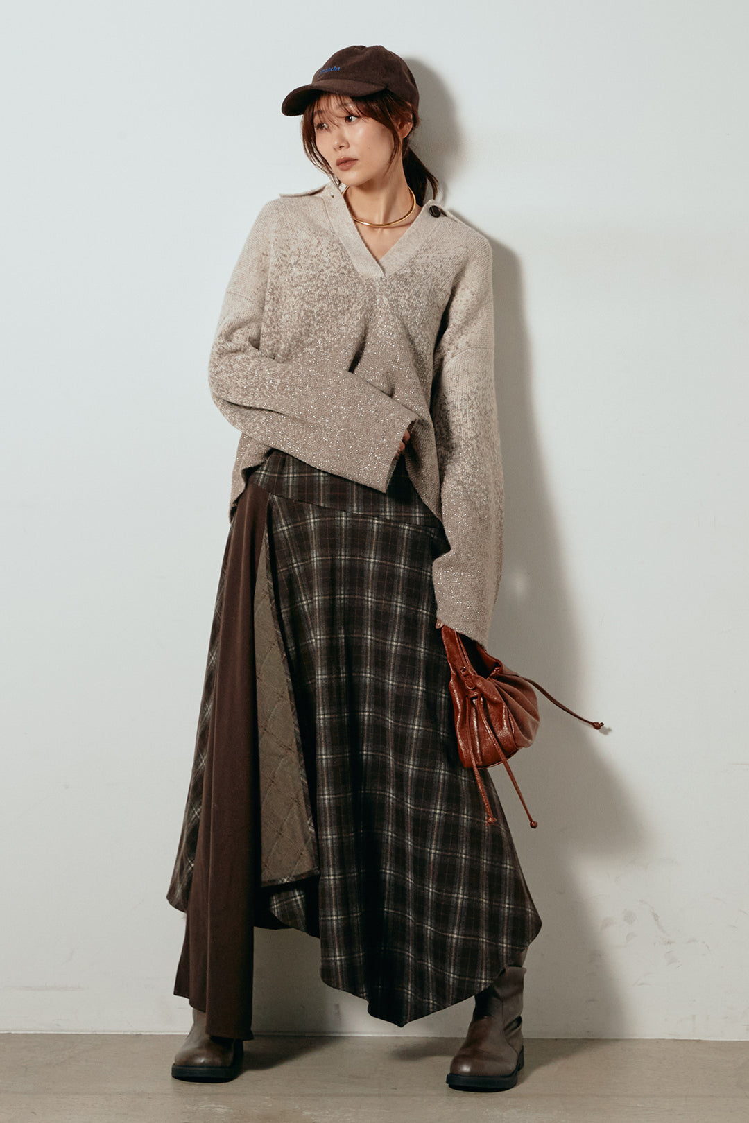 [SET]グラデーションラメニットキーネックプルオーバー+フェイクレザーベルト付き切り替えタータンチェックスカート(2set)