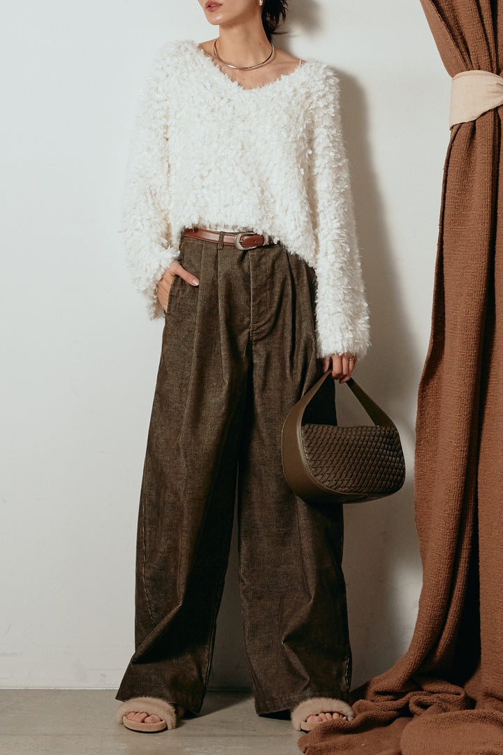 [SET]深Vネックチョウチョヤーンニットトップス+フロントタック入りコーデュロイパンツ(2set)