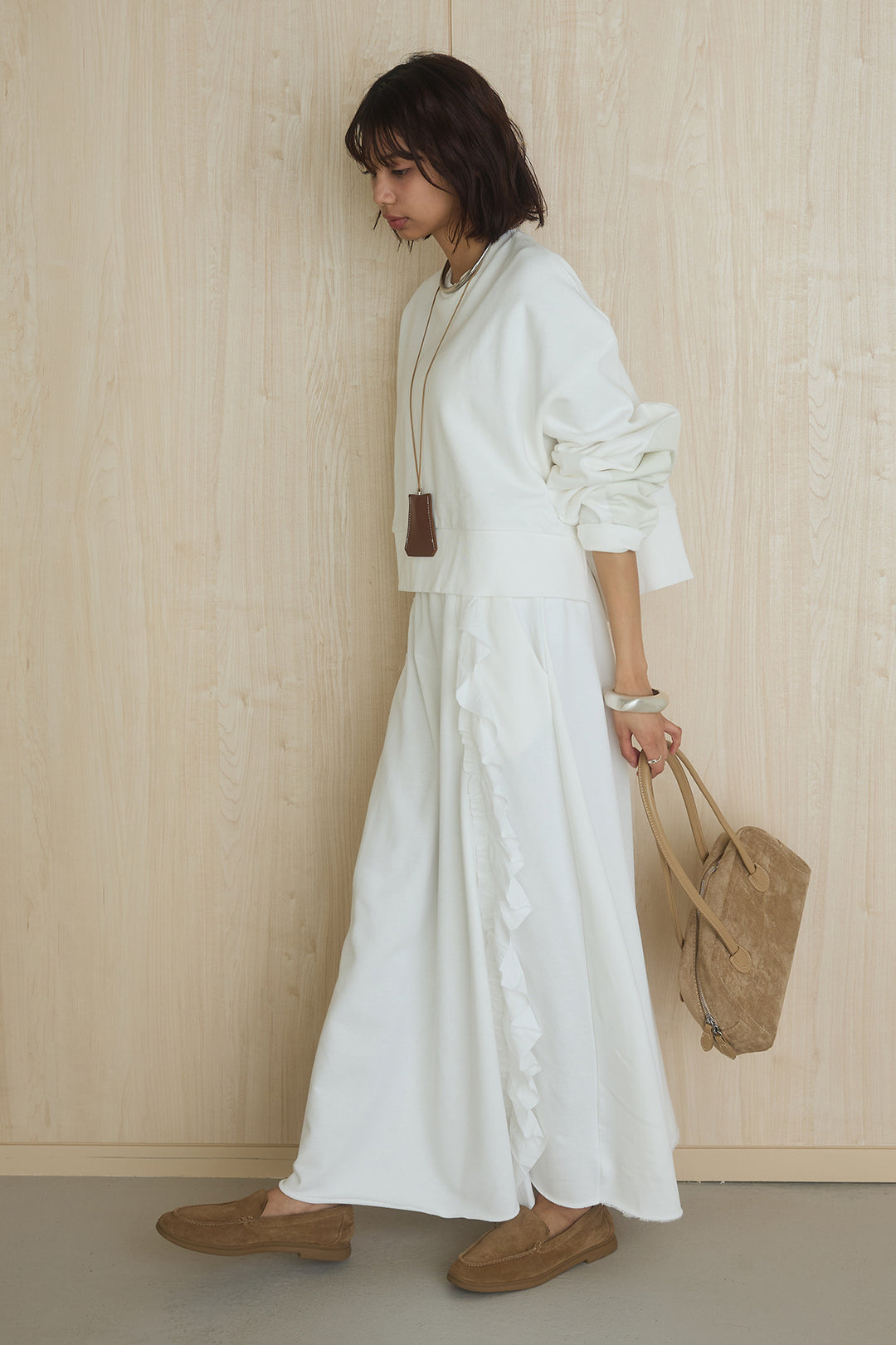 [SET]アームパッチスウェットプルオーバー+ビッグフリルスウェットロングスカート(2set)