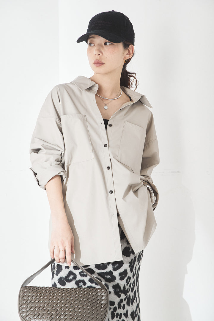 [SET]ウォッシャブルエコレザービックカフスシャツ+レオパードサテンナロースカート(2set)