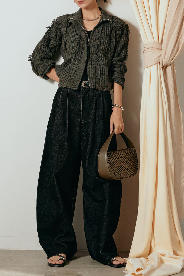 [SET]ハイネックフリンジジップニットトップス+フロントタック入りコーデュロイパンツ(2set)