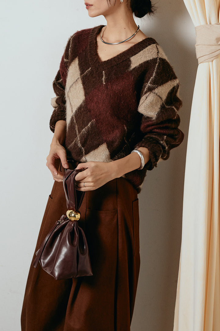 [SET]アクリルモヘアアーガイルVネックプルオーバー+太ベルト付きタックデザインワイドパンツ(2set)