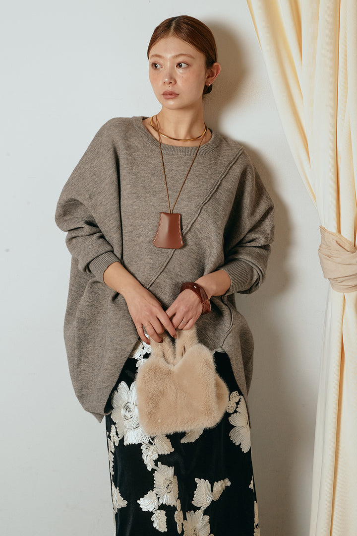 [SET]アシンメトリーデザインニットトップス+フラワー刺繍ワイドスカート(2set)