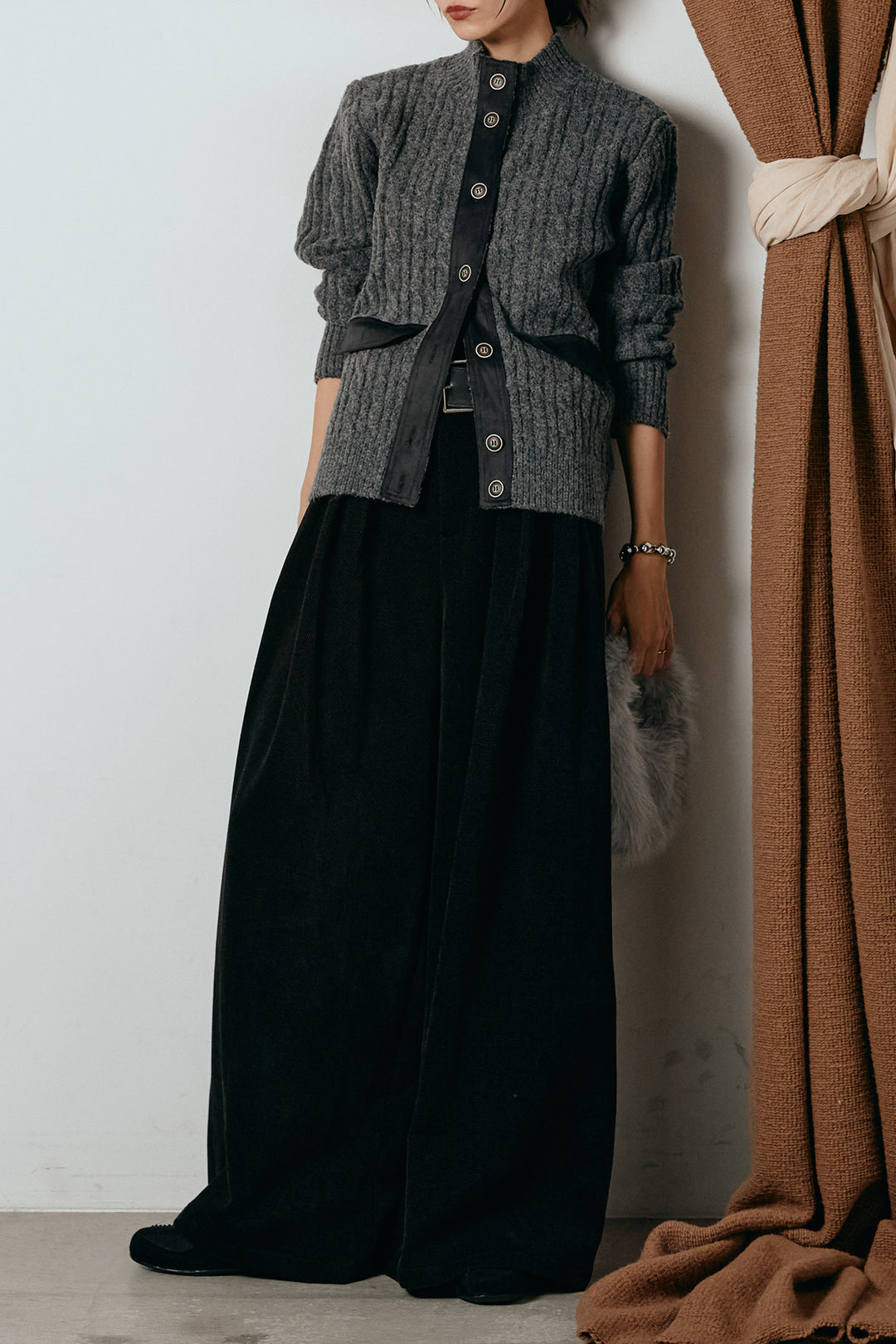 [SET]ボトルネックケーブルニットカーディガン+ベルトループコーデュロイワイドパンツ(2set)