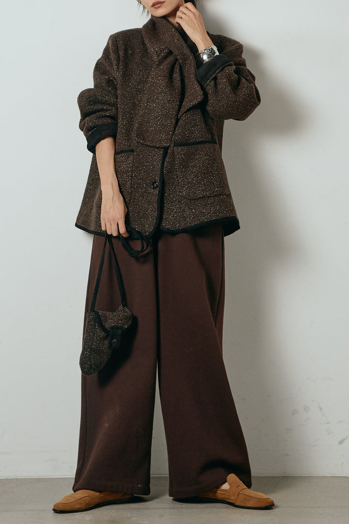 [SET]ノーカラーマフラーバッグ付きアウター+裏起毛スウェットワイドパンツ(2set)