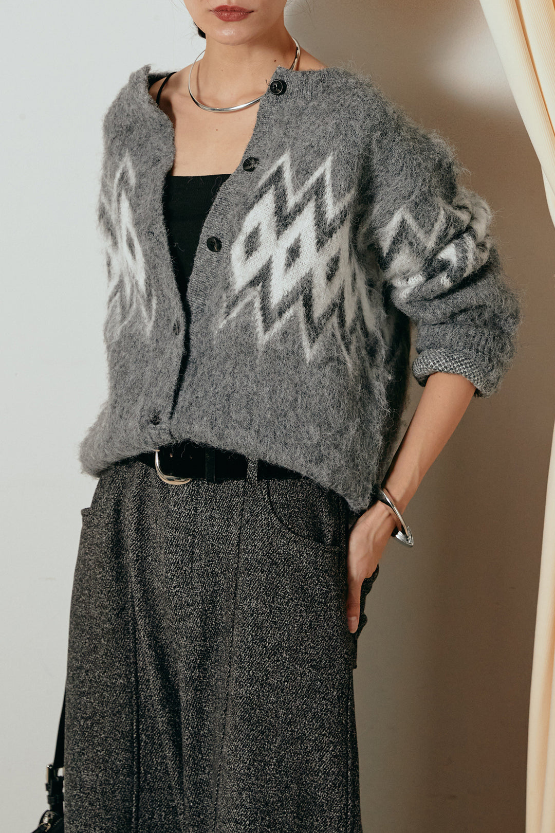 [SET]起毛ノルディック柄ニットカーディガン+太ベルト付きツイードワイドパンツ(2set)