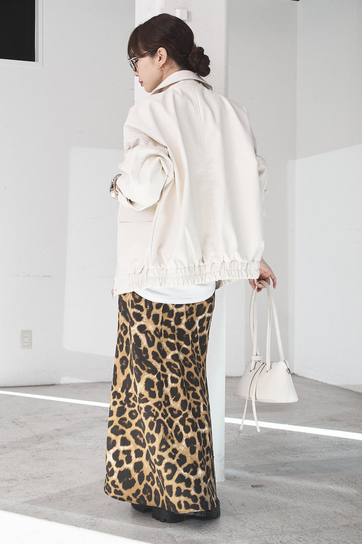 [SET]レザーライクオーバーサイズブルゾン+レオパードサテンナロースカート(2set)