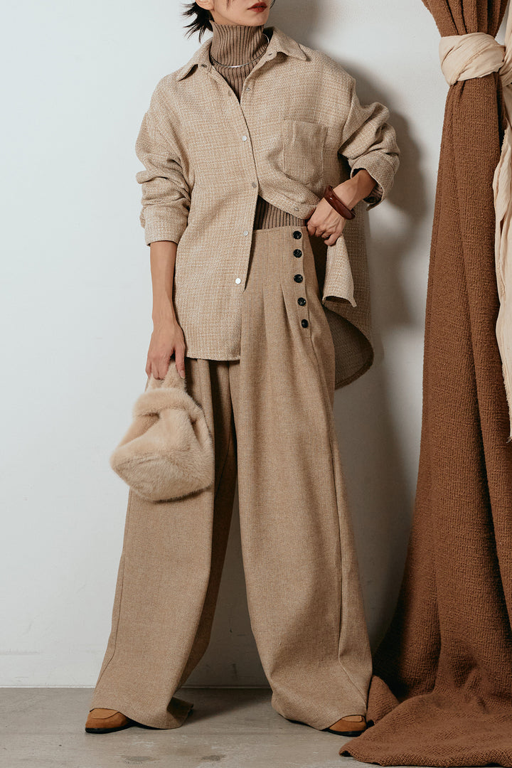 [SET]ルーズクラッシュツイルシャツ+サイドボタンツイードタックパンツ(2set)