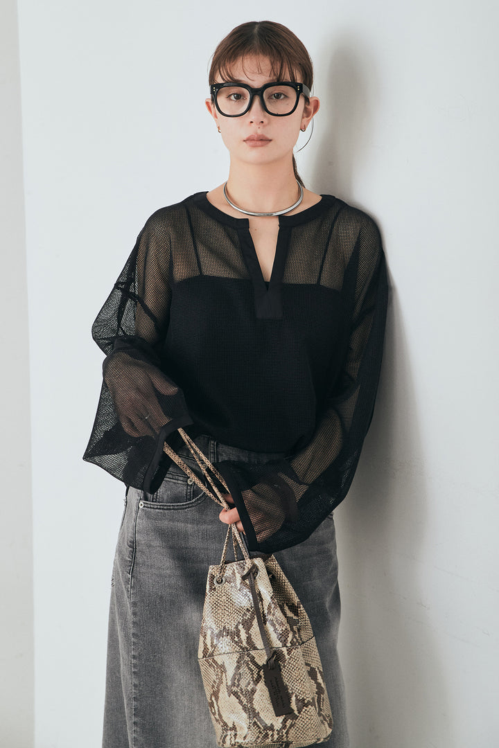 [SET]メッシュカットソースキッパープルオーバー+ウエストクロスデニムタイトスカート(2set)