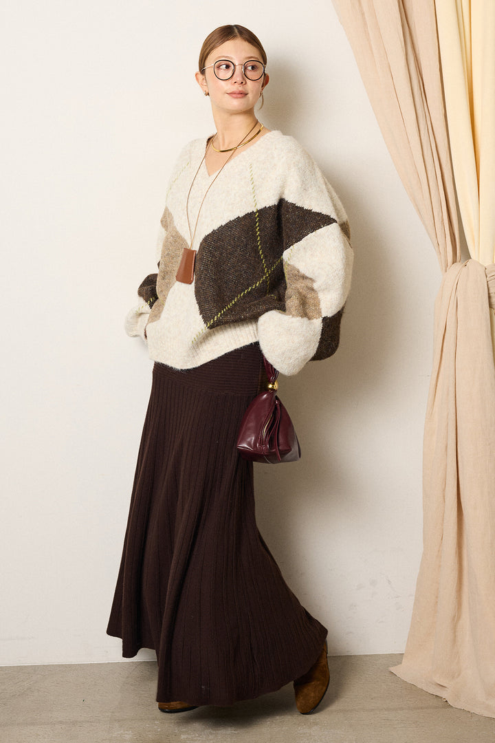 【着回しセット】[SET]ルーズアーガイルVネックニット+ルーズアーガイルVネックニット+編み地切り替えフレアニットスカート(3set)