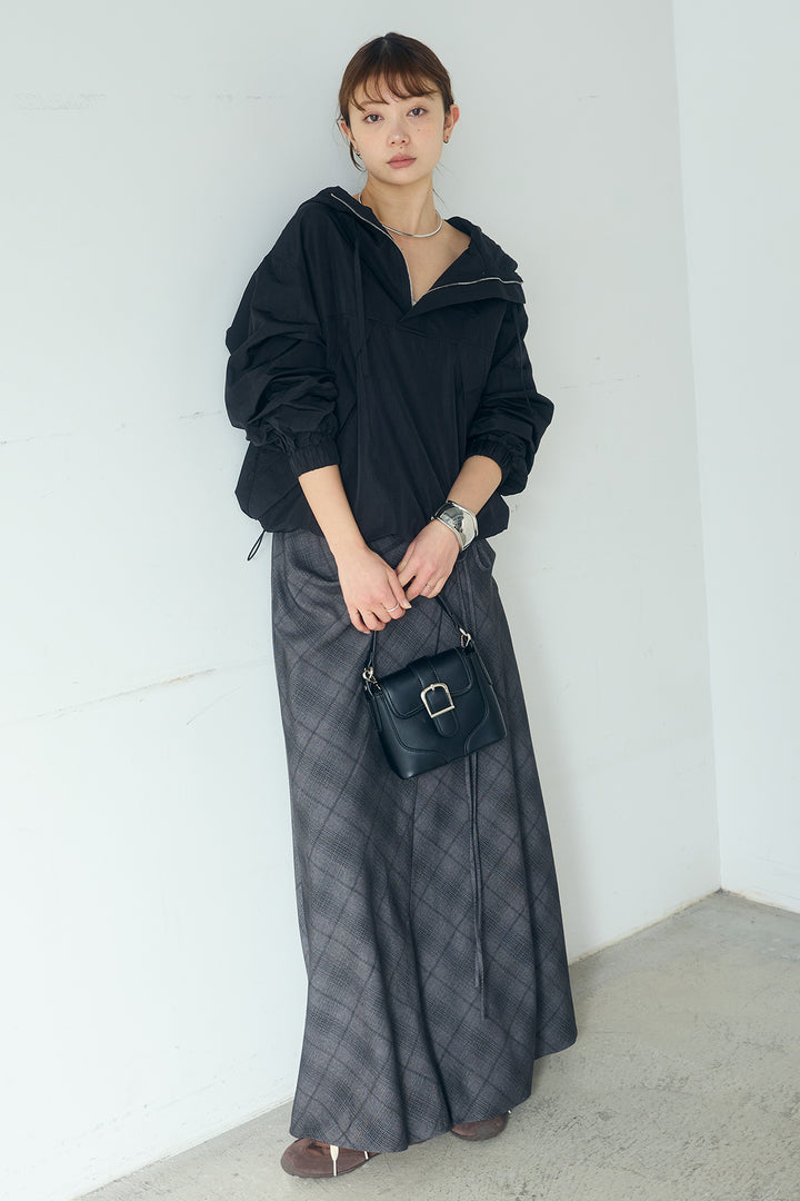 [SET]ナイロンフーディーブルゾンアウター+タータンチェック柄フロントデザインスカート(2set)