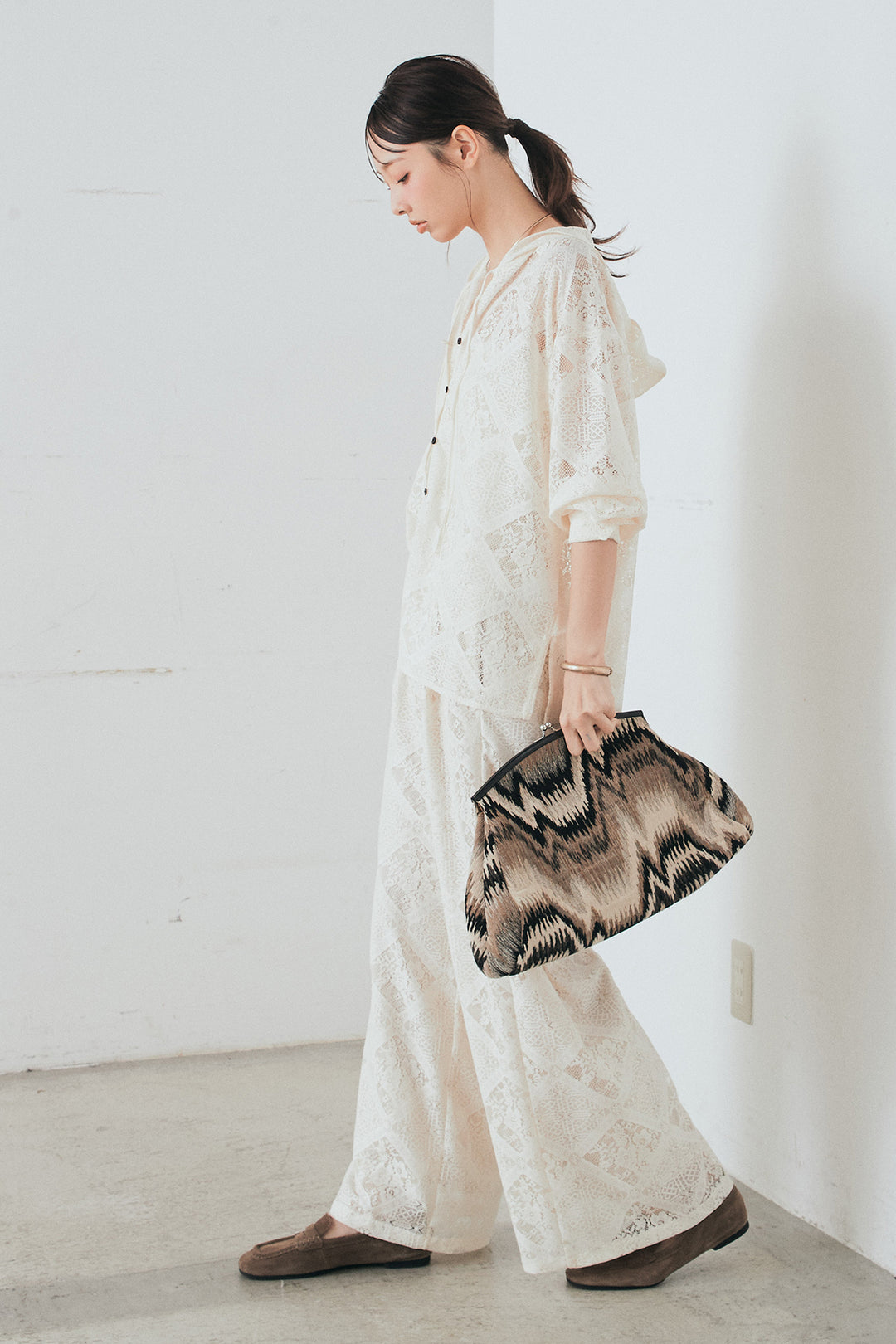 [SET]ブロックレースフード付きブラウス+リラックスブロックレースワイドパンツ(2set)