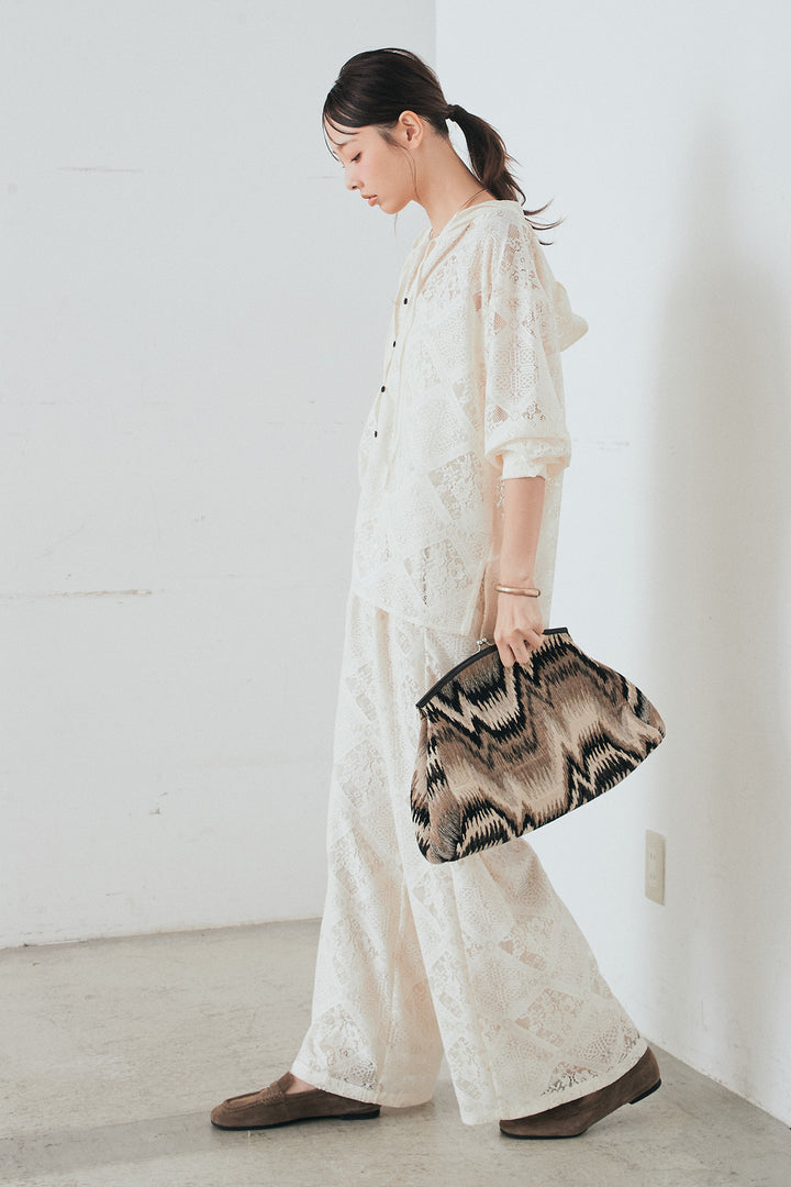 [SET]ブロックレースフード付きブラウス+リラックスブロックレースワイドパンツ(2set)