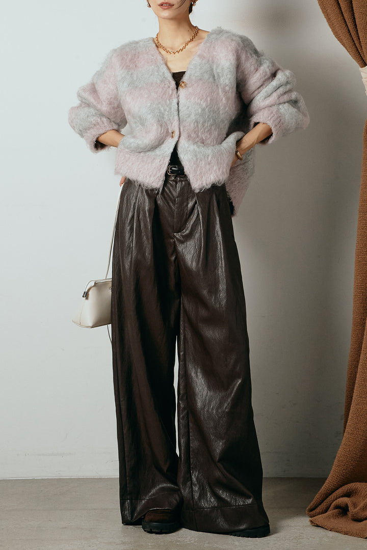 [SET]シャギーボーダー柄ニットカーディガン+ベルト付きレザーライクタックパンツ(2set)