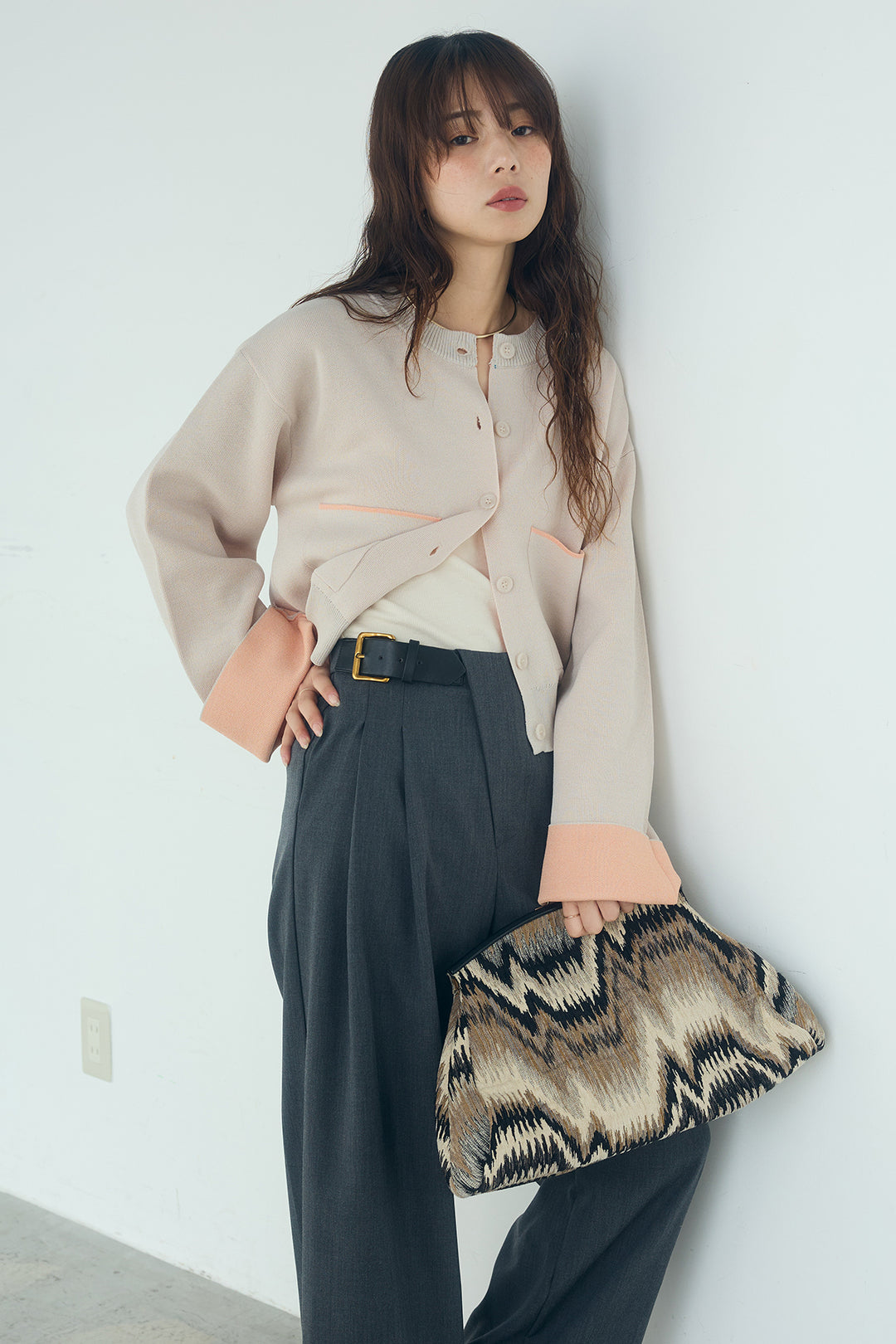 [SET]レーヨンポリダブルフェイスカーディガン+サイドベルトタック入りスラックス(2set)