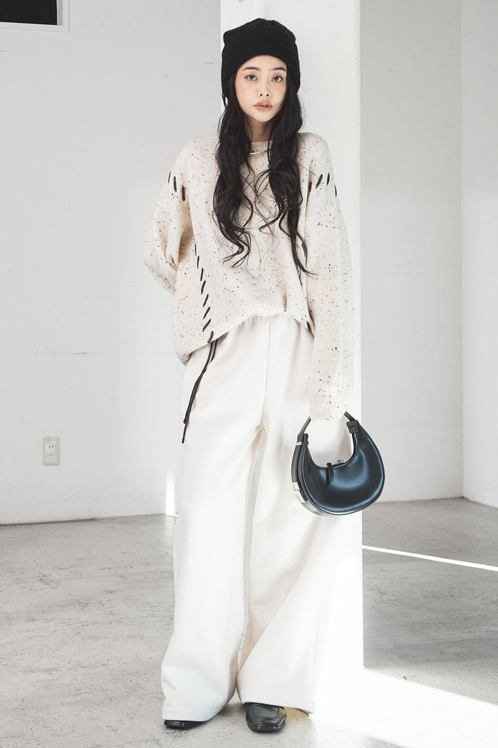 [SET]ネップ編み上げニットトップス+裏起毛スウェットワイドパンツ(2set)