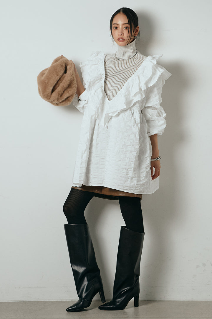 [SET]Vネックフリルカラーブラウス+ストレッチエコレザーバミューダパンツ(2set)