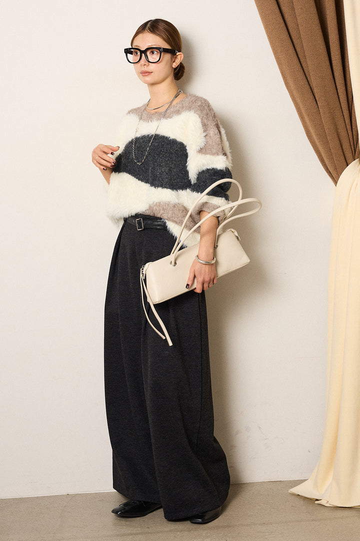 [SET]シャギーウェーブ柄クルーネックニットトップス+細ベルト付き起毛タックワイドパンツ(2set)