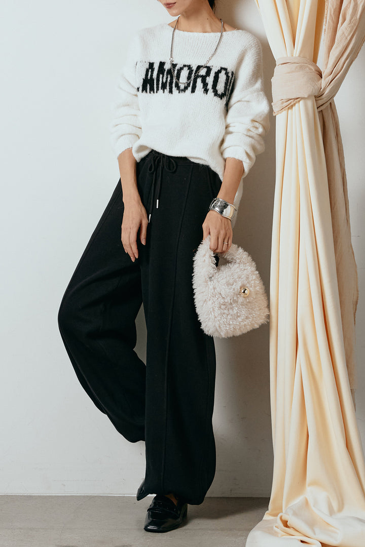 [SET]フロントロゴデザインニットトップス+スウェットワイドカーブパンツ(2set)