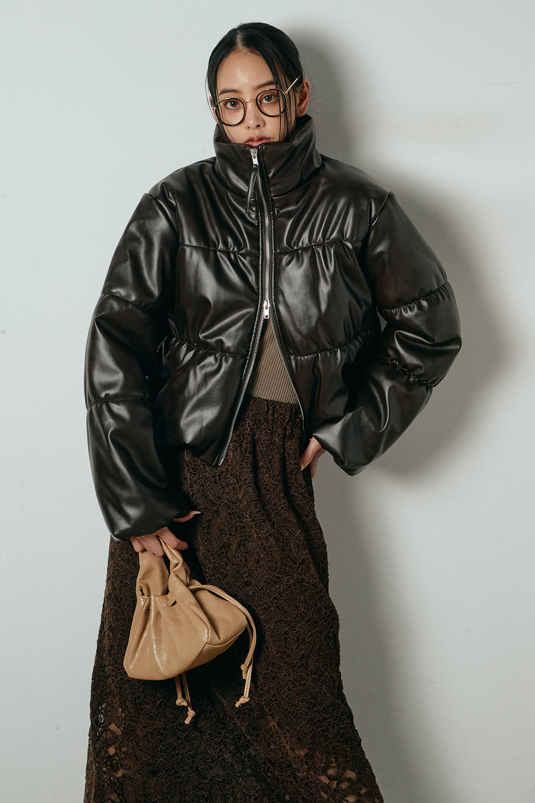 レザーライクWジップスタンドカラー中綿ブルゾン