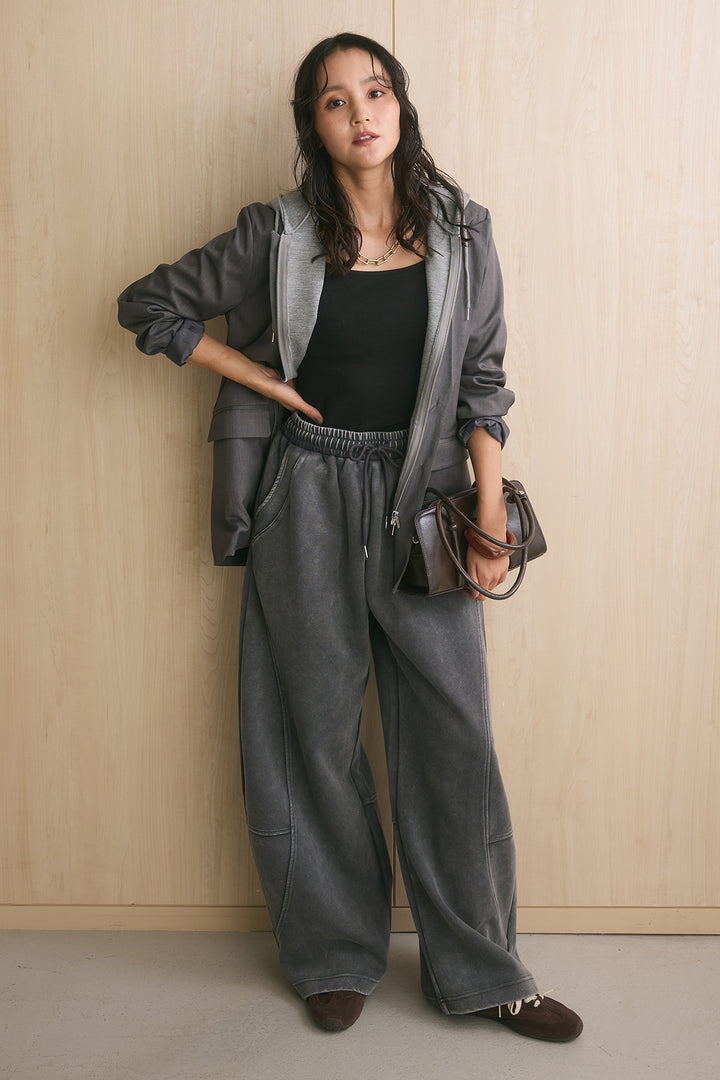 [SET]ツイルパーカーレイヤード2WAYテーラードジャケット+ヴィンテージライクスウェットワイドパンツ(2set)
