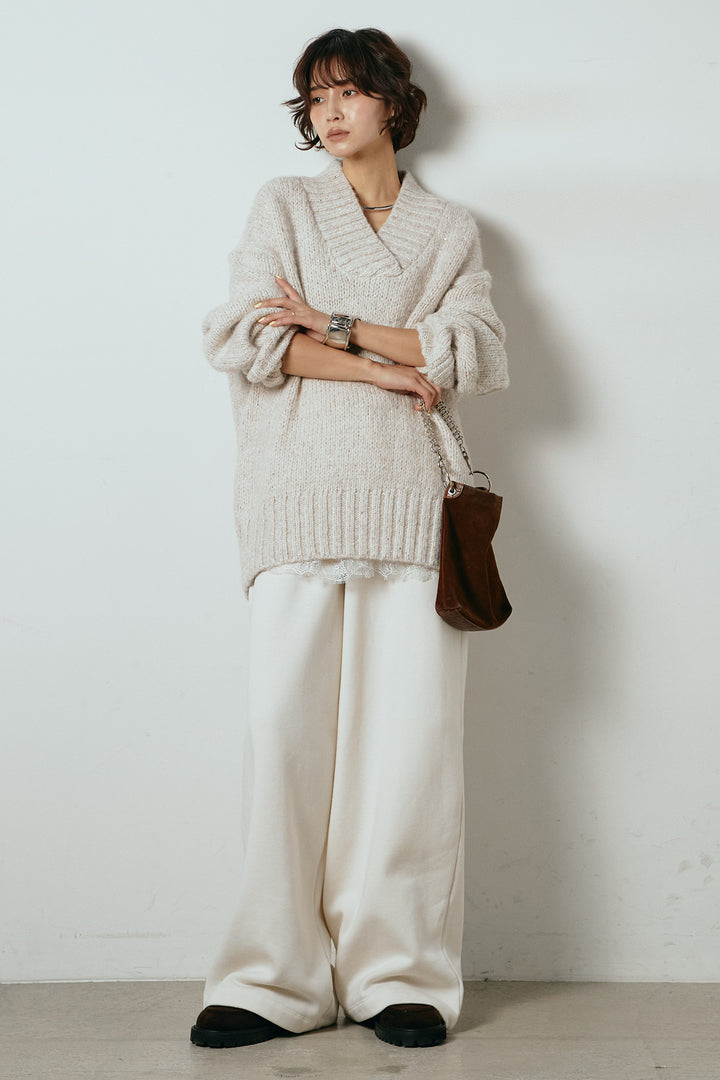 [SET]Vネックラメニットトップス+裏起毛スウェットワイドパンツ+レース切り替えキャミソール(3set)