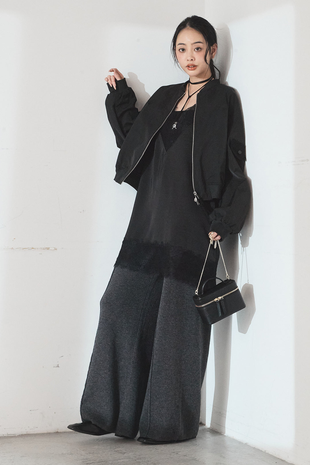 [SET]袖ギャザーデザインブルゾン+センターラインニットパンツ(2set)