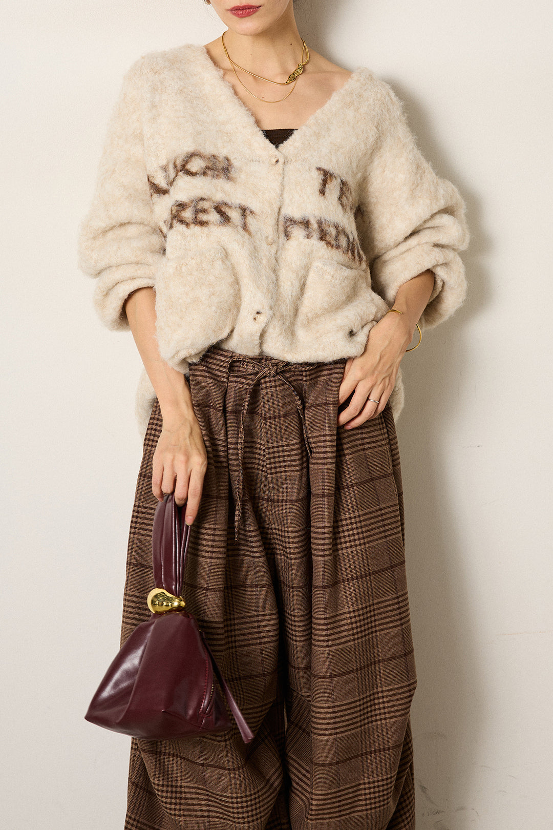 [SET]ウール混透かしロゴニットカーディガン+グレンチェックルーズタックパンツ(2set)