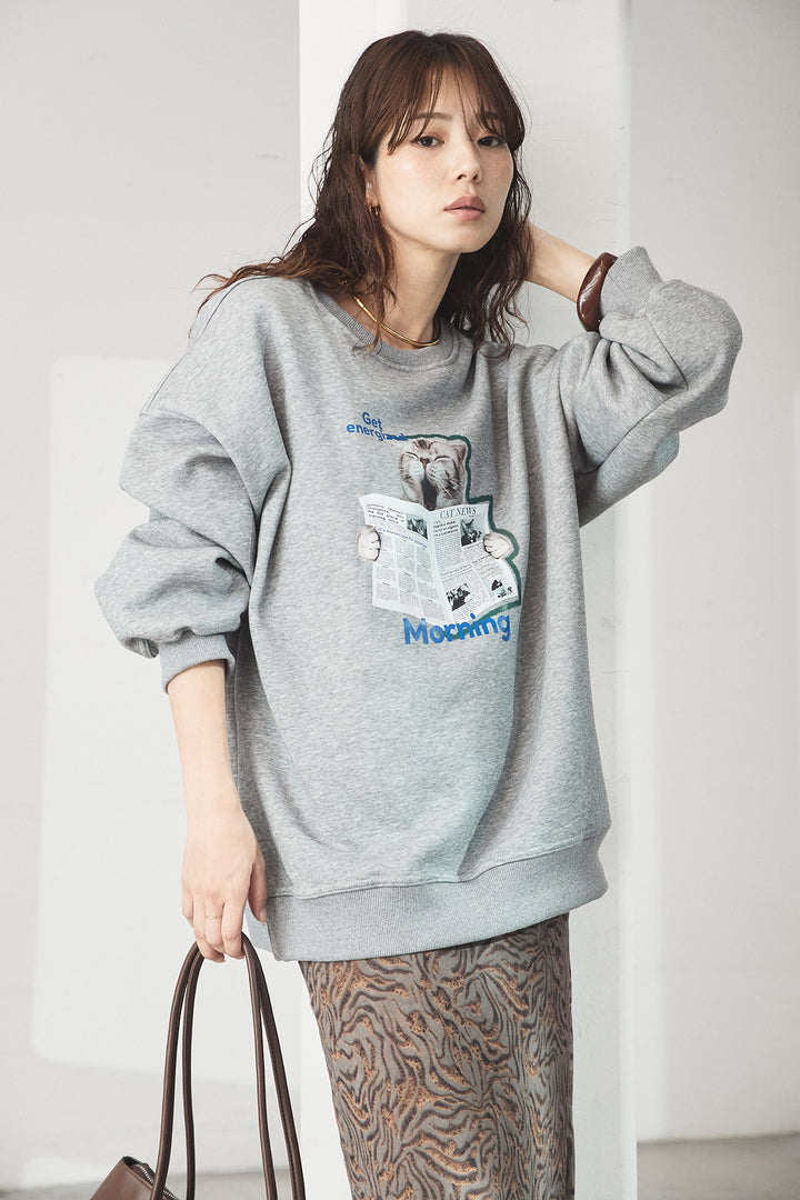 [SET]裏起毛モーニングキャットプリントスウェット+抽象柄ロングスカート(2set)