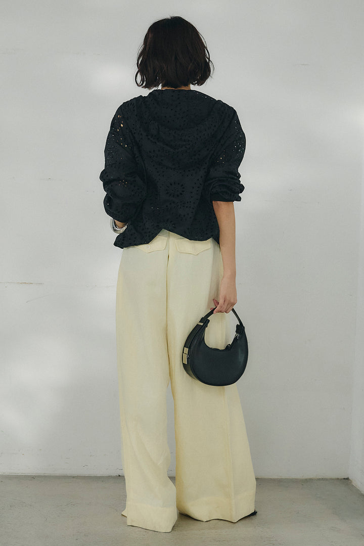 [SET]レースハーフジップアップフーディー+リネン混タックストレートワイドパンツ(2set)