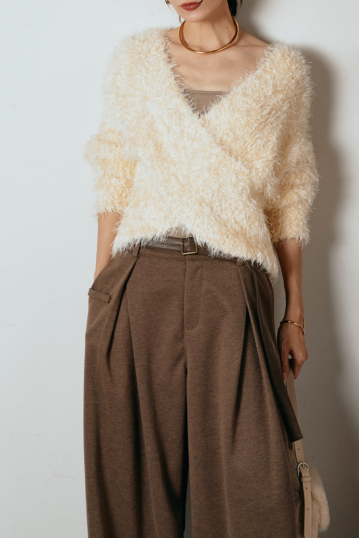 [SET]シャギークロスニットトップス+細ベルト付き起毛タックワイドパンツ(2set)